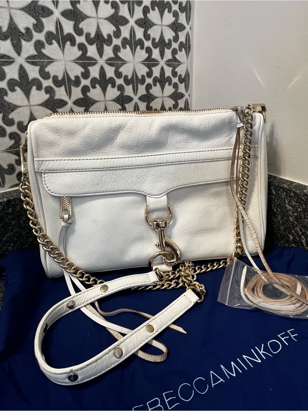 Rebecca Minkoff White Leather Crossbody with Gold Chain